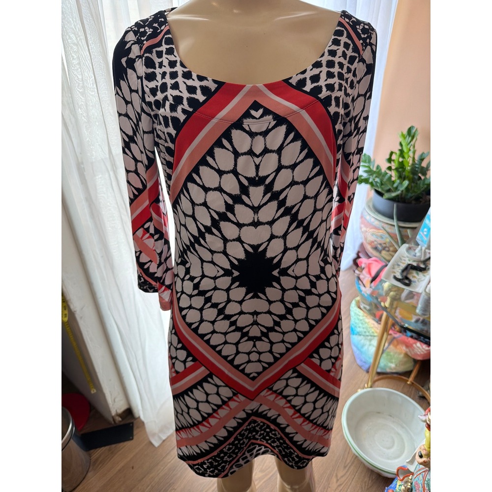 Jessica Simpson Geometric Kaleidoscope Print Strappy Back Sheath Dress Pink Blk